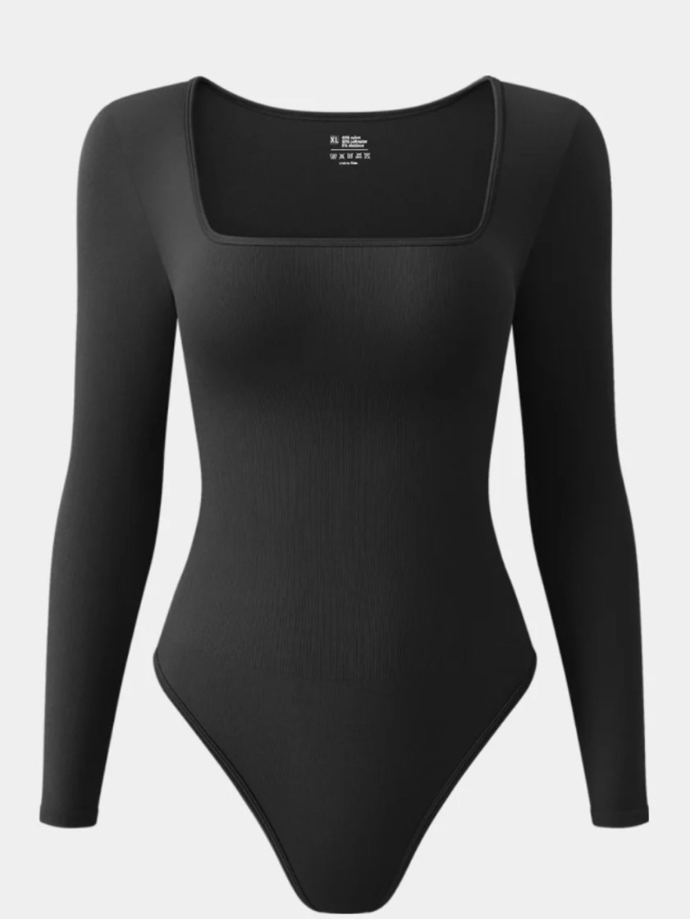 OQQ Size M Black Sexy Ribbed Square Neck Long Sleeve Bodysuit